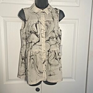 MADISON GREY Shirt Womens Size S Beige Marble Print Sleeveless Button Up Blouse
